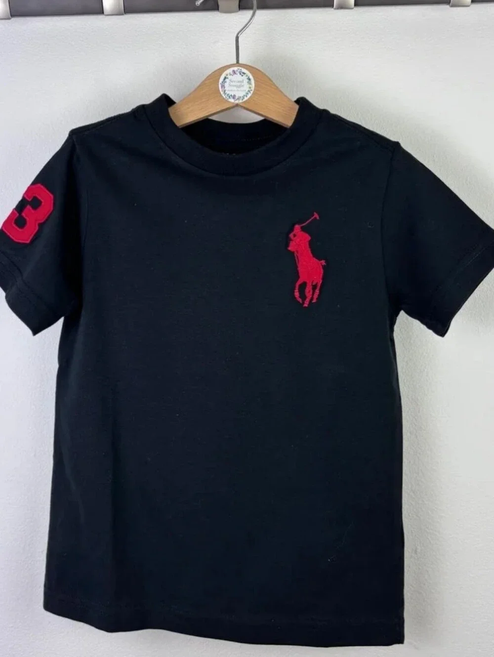 Ralph Lauren Black Tee with Red Big Polo Player and Sleeve Number